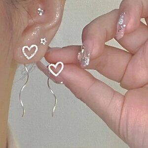 Silvery love dangle wave earrings, silver heart tassel earrings stocking stuffer